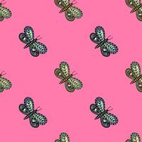 Nature seamless pattern with green botanic printed butterfly shapes print. Pink bright background. vector