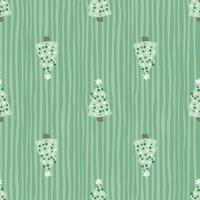 Light pastel green palette seamless pattern with doodle christmas tree toy silhouettes. Striped background. vector