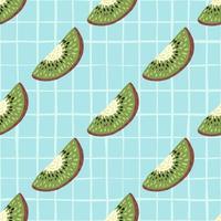 Abstract organic seamless pattern with doodle fresh kiwi slices. Blue background with check. vector