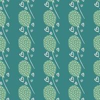 Seamless doodle pattern with green balloons with dashes. Heart outline details. Dark turquoise background. vector