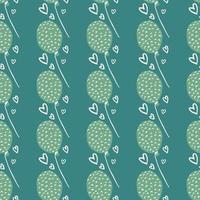 Seamless doodle pattern with green balloons with dashes. Heart outline details. Dark turquoise background. vector