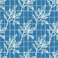 Stylized seamless doodle pattern with outline white branches silhouettes. Bright blue background with check. vector