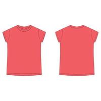 T-shirt blank template in bright red color. Children's technical sketch tee shirt isolated. Casual kids style. Front and back. vector