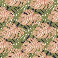 Pastel seamless pattern with green and pink monstera silhouettes. Hand drawn botanical print. vector