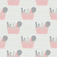 Seamless pale pattern with pink product basket elements. Light grey stripped background. vector