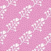 Natural seamless pattern with floral ornament. White botanic silhouettes on bright lilac background with dots. vector