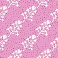 Natural seamless pattern with floral ornament. White botanic silhouettes on bright lilac background with dots. vector