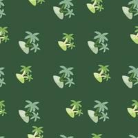 patrón tropical sin costuras con formas de palmeras e islas dibujadas a mano. fondo verde estampado de naturaleza exótica. vector