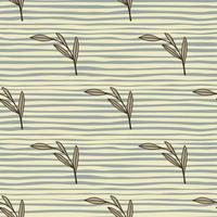 Floral seamless pattern with simple style brown outline leaf branches ornament. Grey striped background. vector