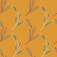 Seamless pattern fall season outline green contour foliage shapes. Orange background. Autumn backdrop. vector