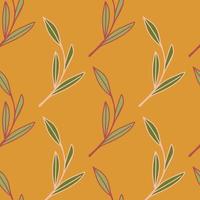 Seamless pattern fall season outline green contour foliage shapes. Orange background. Autumn backdrop. vector