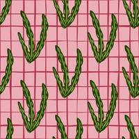 Abstract aquatic seamless pattern with green seaweed ornament. Pink chequered background. Organic print. vector