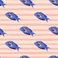 patrón marino sin costuras de zoológico abstracto con formas de peces cirujano azul brillante. fondo rayado rosa pastel. vector