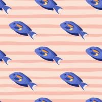 Abstract zoo seamless marine pattern with bright blue surgeon fish shapes. Pastel pink striped background. vector