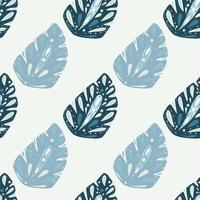 Seamless pattern with isolated blue and navy folk monstera shapes. White background. Doodle ornament. vector