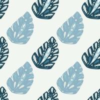 Seamless pattern with isolated blue and navy folk monstera shapes. White background. Doodle ornament. vector