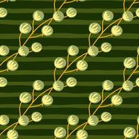 Hand drawn botany seamless pattern with diagonal berry branches shapes. Green striped background.