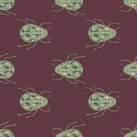 Green bugs with folk ornament seamless doodle pattern. Nature wildlife print on maroon background. Insect backdrop. vector