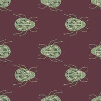 Green bugs with folk ornament seamless doodle pattern. Nature wildlife print on maroon background. Insect backdrop. vector