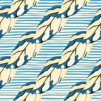 Diagonal monstera shapes seamless doodle pattern. Beige and navy colors exotic ornament. Background with blue and white strips. vector