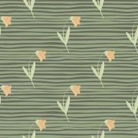 Botanic seamless doodle pattern with campanula floral elements. Green pale striped background. vector