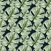 Grey and green colored monstera foliage seamless doodle pattern. Dark background. Vintage botanic print. vector