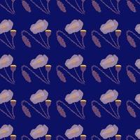 Dark seamless pattern with poppy flowers ornament. Navy blue background with light botanic elements. vector