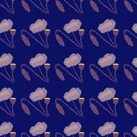 Dark seamless pattern with poppy flowers ornament. Navy blue background with light botanic elements. vector