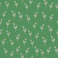 Hand drawn naive seamless pattern with little random grey scandi leaf branches print. Green background. vector