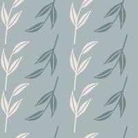 Hand drawn white and blue simple leaf branches silhouettes seamless pattern. Pastel background. vector