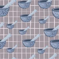 Random seamless cooking pattern with mortar and pestle silhouettes. Grey chequered background. vector