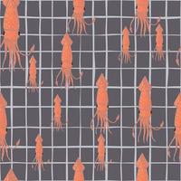 Random seamless pattern with nature wild squids silhouettes on grey chequered background. vector