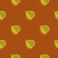 Nature food seamless pattern with simple pear silhouettes print. Dark orange dotted background. vector