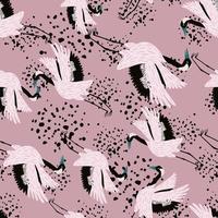 Abstract random asian animal seamless pattern with doodle crane bird silhouettes. Pink background with splashes.