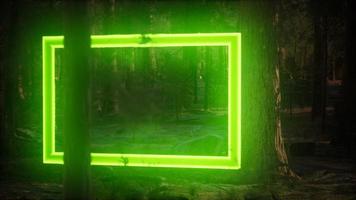 Neon glowing rectangle frame in the night forest photo