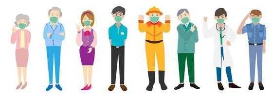 ilustración vectorial de personas de diferentes profesiones y edades que usan máscaras para protegerse contra el virus de la corona, la influenza, la contaminación del aire. vector