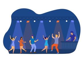 gente de dibujos animados bailando en los focos de colores en la fiesta nocturna de la discoteca. vector