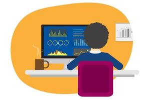 A data analyst sits at work in front of a computer device showing statistics and graphs in front of him. Flat style cartoon illustration vector