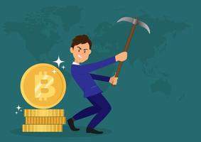 Cryptocurrency concept With miners and businessmen coins A young man with a shovel is digging bitcoin coins all over the world. Flat style cartoon illustration vector