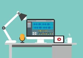 A blogger or video editor's workplace with a monitor and application interface for the video editing process. professional microphone vector illustration