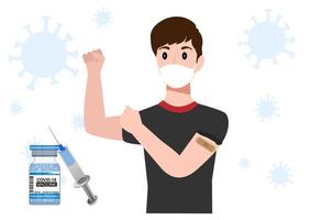 Man showing coronavirus immunization vaccination arm, vaccine distribution for the general population. Flat style cartoon illustration vector