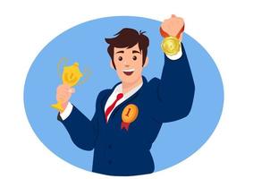 empresario recibiendo trofeo y medalla de oro para empleados destacados. chalong gana un premio. ilustración vectorial para el éxito, el éxito. concepto de carrera exitosa.