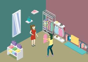 Shopping in the female character clothing store, buy clothes and try on selected outfits. with seller holding a mirror with flat style cartoon vector illustration