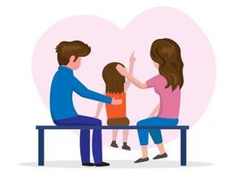cálidos padres de familia e hijos sentados juntos en sillas marido y mujer con hija la imagen de fondo es un corazón rosa. ilustración vectorial de dibujos animados de estilo plano vector