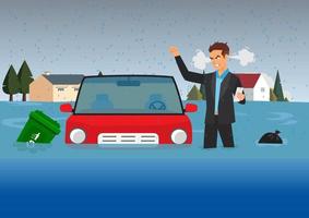 Flooded the city and cars with garbage floating in the water. angry businessman character next to his car that can't go anywhere flat style cartoon vector illustration