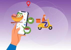 Mobile smartphone with food delivery app Order food online. modern creative data graphic design on the application Flat style cartoon illustration vector