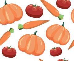 Seamless pattern with vegetables. Vegetables on white background. Tomato, carrot and pumpkin vector