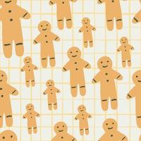 Seamless random pattern with doodle gingerbread man cookies. Orange colored bakery treats on light chequered background. vector