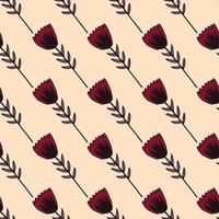 Simple outline tulip flowers seamless pattern with black contour. Soft light pink background. Stylized artwork. vector