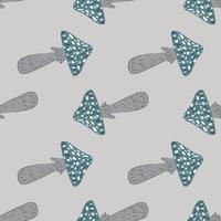 Pale seamless pattern with nature mushroom hand drawn print. Grey and blue colored artwork. vector